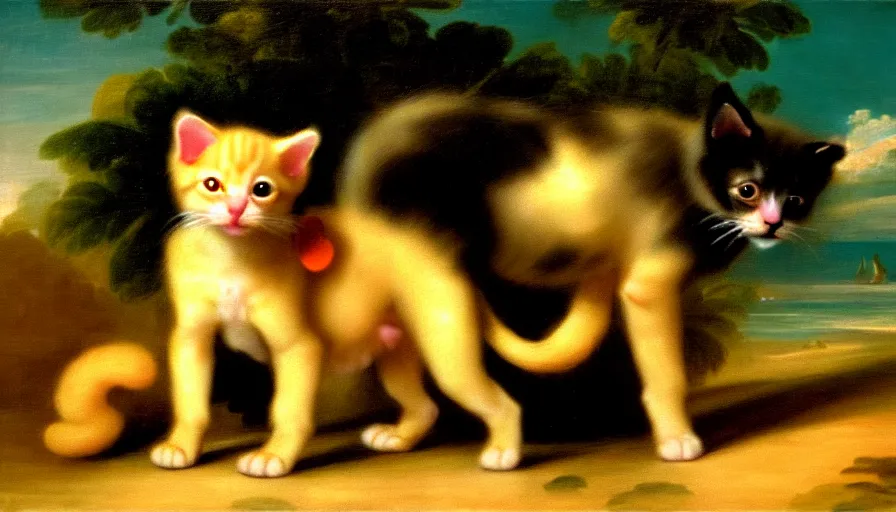 Image similar to a tropical dog kitten in the style of francisco goya, 4 k resolution, tropical background, tropical