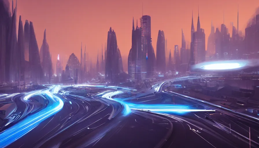 Image similar to futuristic liege, belgium, roads view, volumetric blue light, hyperdetailed, artstation, cgsociety, 8 k