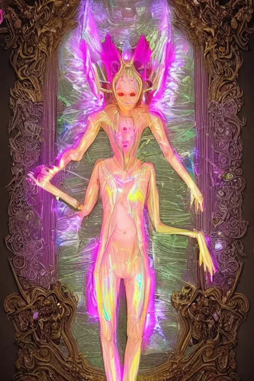 Image similar to full-body rococo and cyberpunk delicate neon crystalline sculpture of (((muscular slender prince Zayn Malik))) as an iridescent humanoid deity wearing a thin see-through ((plastic hooded cloak)) sim roupa (holding a human skull), reclining con (las piernas abiertas), glowing pink face, crown of (((white lasers))), large diamonds, swirling black silk fabric. futuristic elements. oozing glowing liquid, full-length view. space robots. intricate artwork by caravaggio. Trending on artstation, octane render, cinematic lighting from the right, hyper realism, octane render, 8k, depth of field, 3D