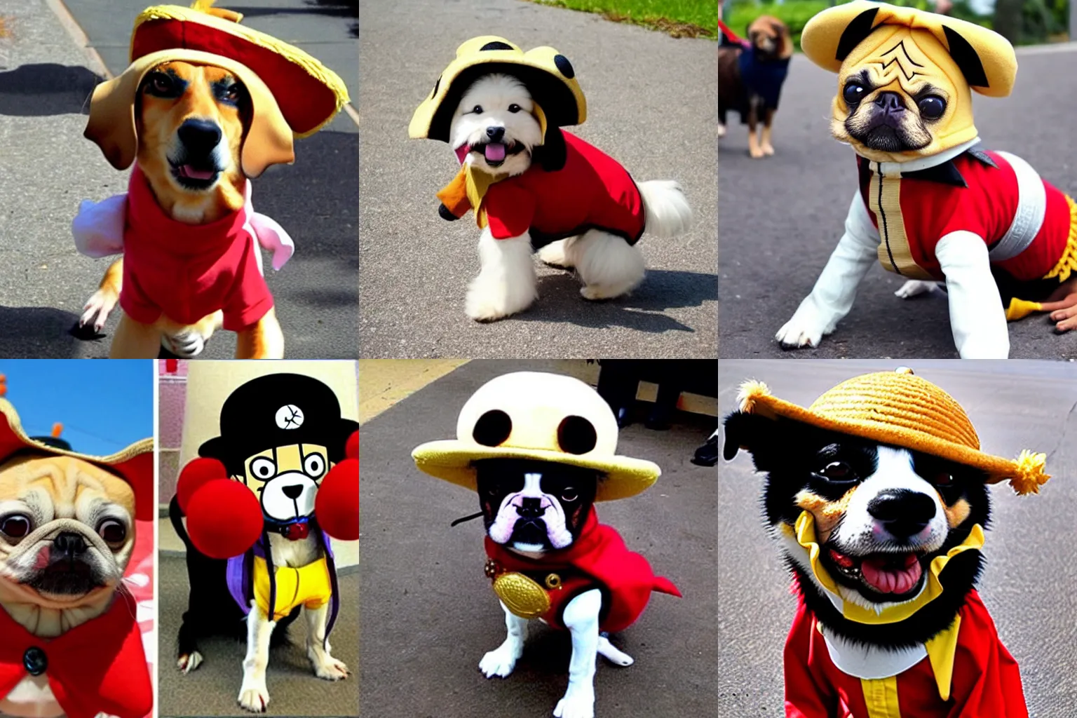 Prompt: dog cosplaying Luffy from one piece