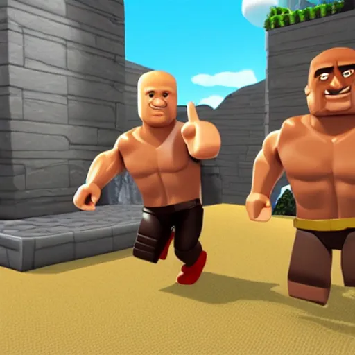 Image similar to screenshot from roblox game dwayne the rock johnson as roblox character