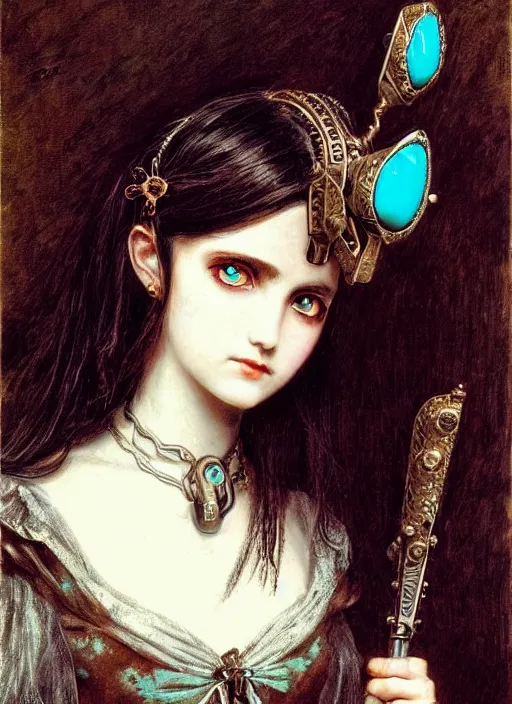 Image similar to ( ( gothic # ) ) princess portrait *. *. by william henry hunt * *, highly detailded, turquoise rust, steampunk, battle angel alita