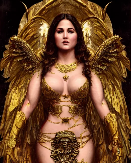 Image similar to concept art, sunny leone as an angel woman, beautiful, frank frazetta, ornate, art nouveau, symmetrical, gold jewelry, high contrast, unbiased render, Emil melmoth, eerie, haunting, victorian, 8k, octane render, style of Gustav Klimt, head and shoulders