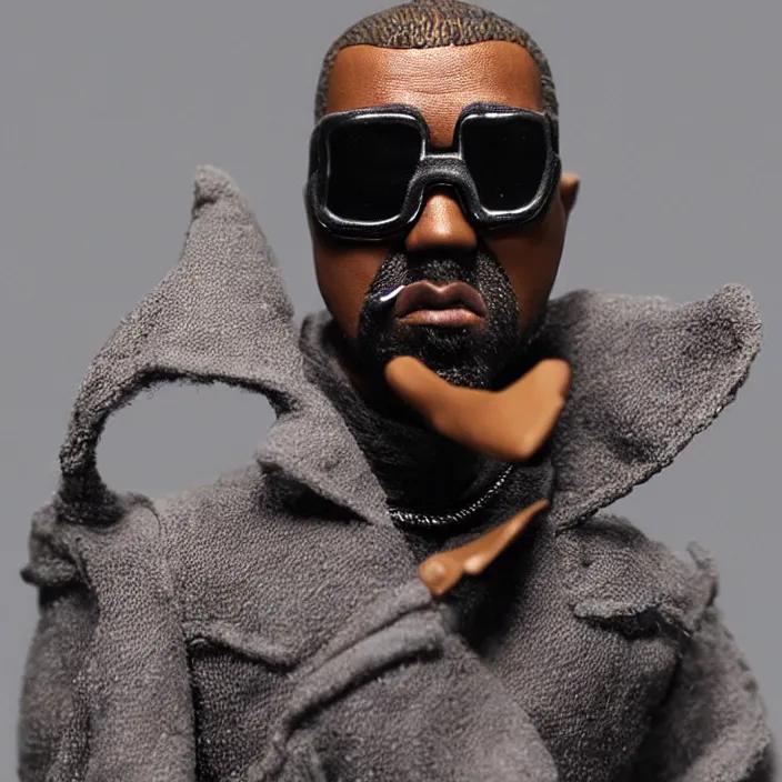 Image similar to kanye west, a hot toys figure of kanye west using a black face - covering mask with small holes, a blue overinflated puffer jacket and black rubber boots, figurine, detailed product photo