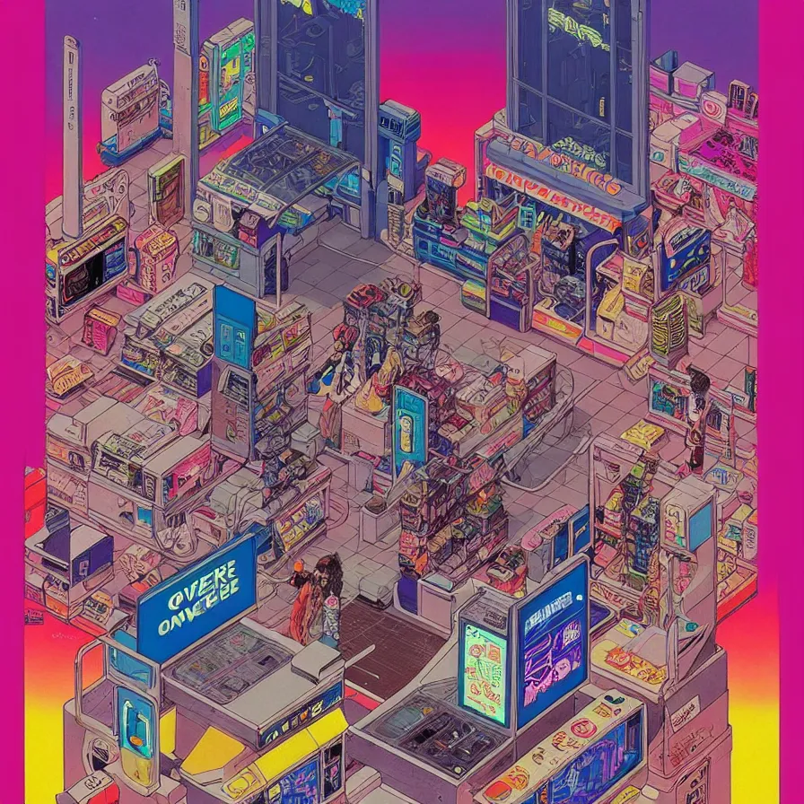 Image similar to ( ( ( ( cyberpunk convenience store ) ) ) ) by mœbius!!!!!!!!!!!!!!!!!!!!!!!!!!!, overdetailed art, colorful, artistic record jacket design