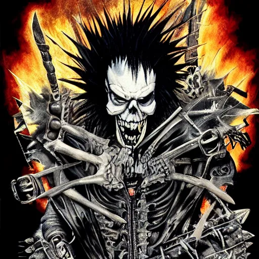 Image similar to a portrait of the grim reaper as a punk rocker, punk, skeleton face, mohawk, dark, fantasy, leather jackets, spiked collars, spiked wristbands, piercings, boots, electric guitars, motorcycles, ultrafine detailed painting by frank frazetta and vito acconci and virgil finlay and takeshi obata, death note style, detailed painting
