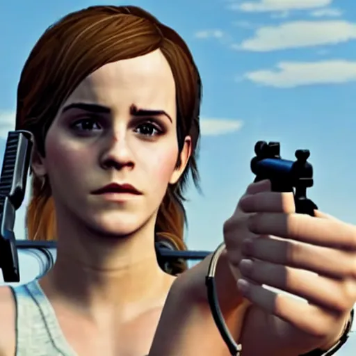 Image similar to Screenshot of Emma Watson holding a pistol in GTA 5