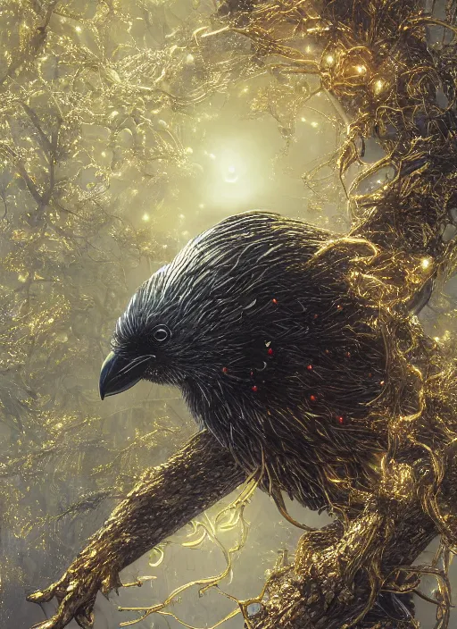 Image similar to best book cover design, glowing silver and golden elements, full close-up portrait of realistic crow with gems, book cover, green forest, white moon, establishing shot, extremly high detail, photo-realistic, cinematic lighting, by Yoshitaka Amano, Ruan Jia, Kentaro Miura, Artgerm, post processed, concept art, artstation, matte painting, style by eddie mendoza, raphael lacoste, alex ross