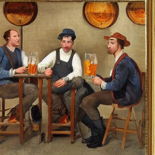 Image similar to 3 young men drinking beer and having a good time at a danish pub, painting, traditional,