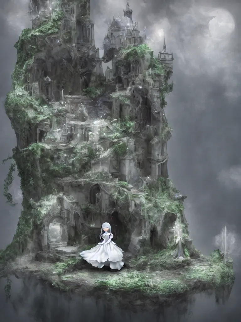 Image similar to cute fumo plush of a princess girl in a tower on a tiny island which she lays sole claim to, selfish empress of the abyss, tempestuous waters, wisps of volumetric smoke and fog, gothic wraith maiden in tattered white dress, floating island, vignette, vray