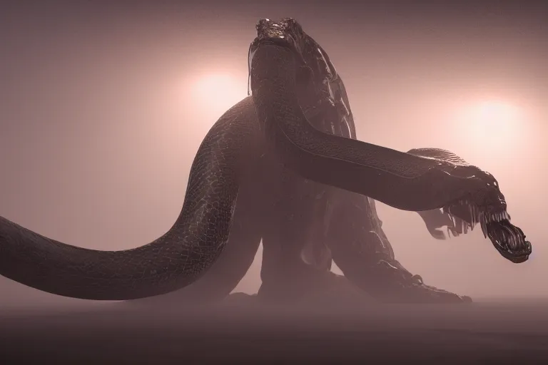 Image similar to amplified ritual engine, colossal monster snake shrouded in fog, dramatic lighting, unreal engine, cgsociety, artstation, 4k