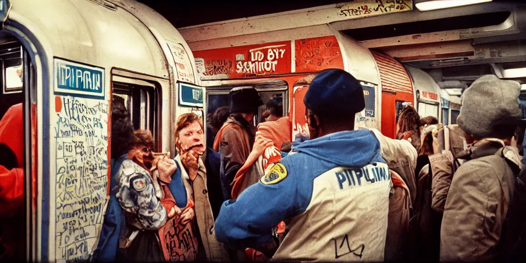 Image similar to new york subway cabin 1 9 8 0 s inside all in graffiti, policeman closeup, coloured film photography, christopher morris photography, bruce davidson photography