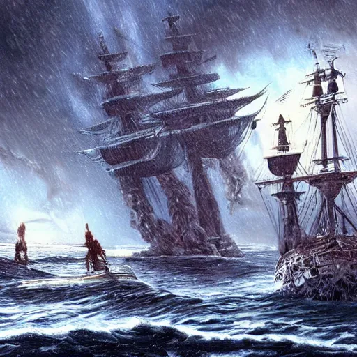 Image similar to a victorian era exploration frigate lost in the arctic, attacked by a lovecraftian monster, in a snowstorm art by artgerm and Todd Shorr, featured on artstation