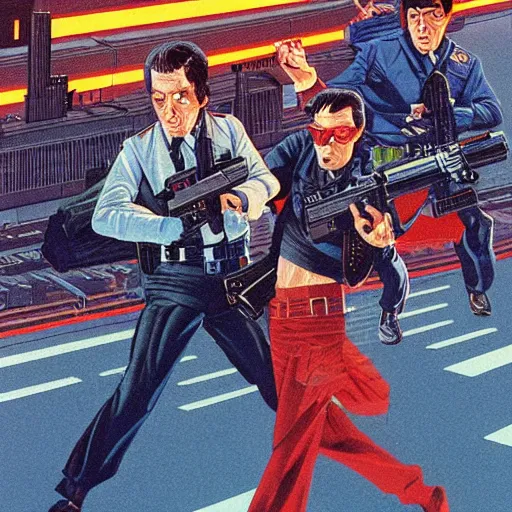 Prompt: 1979 OMNI Magazine, Neo-tokyo bank robbers fleeing the police with bags of money, Highly Detailed, 8k :4 by Vincent Di Fate : 8