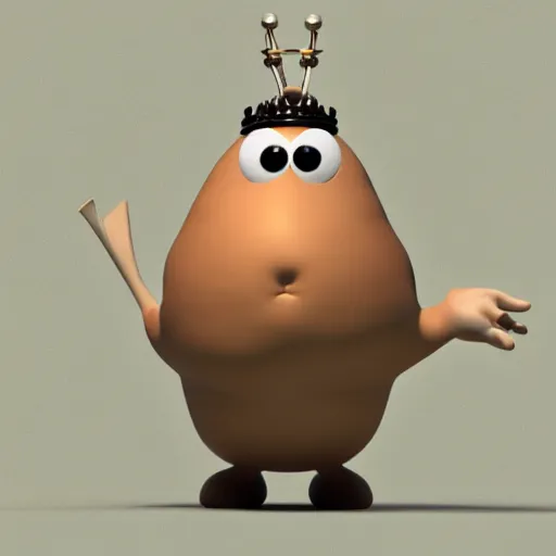 Image similar to the potato king appears before his subjects in all his glory, concept art, blender, googly eyes.