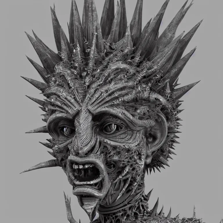 Image similar to biomechanical symmetrical spiky spinal ribbed surreal yama buddhist demon face portrait detailed beautiful BW digital art 3D render sculpture by Giger beautiful detailed intricate insanely detailed octane render, 8K artistic photography, photorealistic