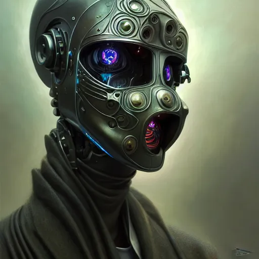 Image similar to low angle portrait shot of a cyberpunk gazmask robot character, intricate, elegant, highly detailed, centered, digital painting, artstation, concept art, smooth, sharp focus, illustration, artgerm, Tomasz Alen Kopera, Peter Mohrbacher, donato giancola, Joseph Christian Leyendecker, WLOP, Boris Vallejo