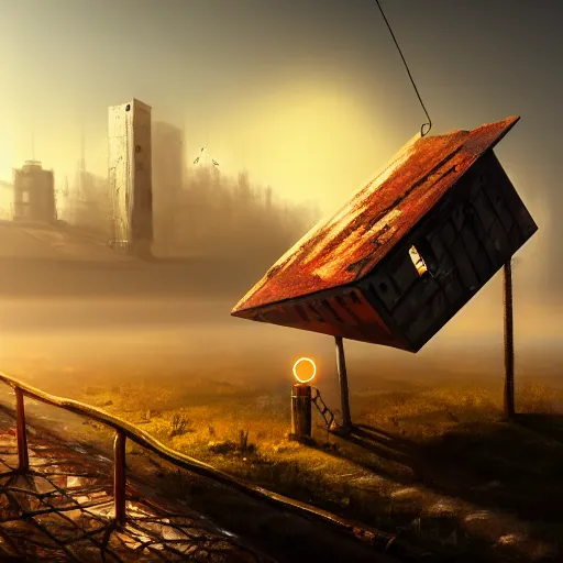 Image similar to a walking wood and metal house with two mechanical legs and two glowing eyes, rust, hyperrealistic, pareidolia, highly detailed, cinematic, single ray of sun, morning, fog, city in background, beautiful, cgssociety, artstation, 8 k, oil painting