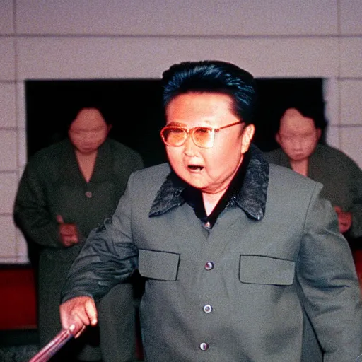 Prompt: movie still of Kim Jong-il wearing a white hockey mask in the role of Jason Voorhees from Friday the 13th (1980), Cooke Varotal 20-100mm T3.1, 35mm film