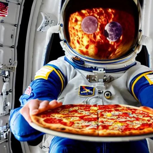 Image similar to an astronaut eating pizza in space with the moon in the background