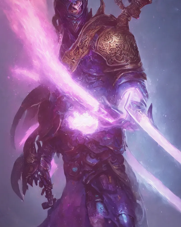 Image similar to portrait of fantasy paladin wielding a sword with purple flames, intricate baroque armour, glowing aura, trending on artstation, 4 k, greg rutkowski, concept art, matte painting