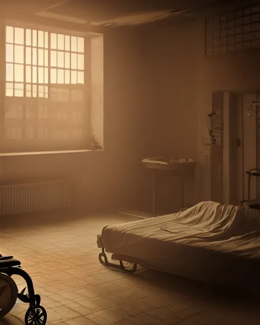 Image similar to artstation scifi scene of a old chinese hospital ward, a bunch of light on a business card, bed, wheelchair, window, bedside table, paneled walls, unreal engine 5, hyper realism, realistic shading, cinematic composition, blender render, octane render, hdr, detailed textures, photorealistic, wide shot