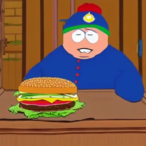 Prompt: eric cartman eating hamburgers while petting a cat