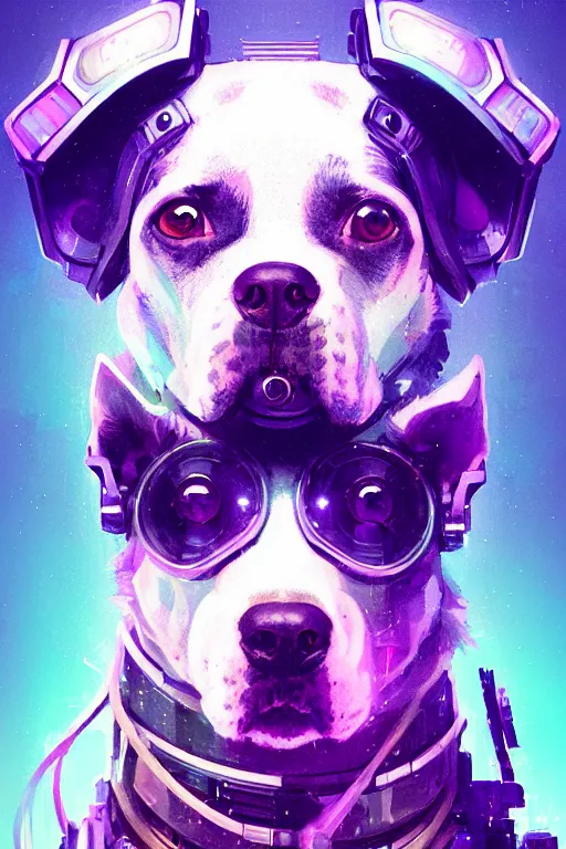 Image similar to a beautiful portrait of a cute cyberpunk dog by greg rutkowski and wlop, purple blue color scheme, high key lighting, volumetric light, digital art, highly detailed, fine detail, intricate, ornate, complex, octane render, unreal engine, photorealistic