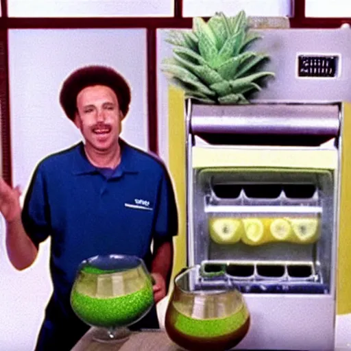 Prompt: 2001 tv still of 'Frank the juice man' promoting juicing machines that will help you live forever