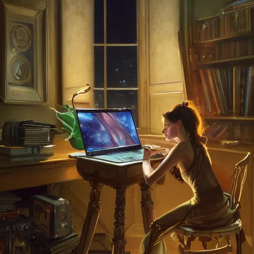 Image similar to a full shot of nice girl working on her laptop at night, detailed, centered, digital painting, artstation, concept art, donato giancola, Joseph Christian Leyendecker, WLOP, Boris Vallejo, Breathtaking, 8k resolution, extremely detailed, beautiful, establishing shot, artistic, hyperrealistic, beautiful face, octane render