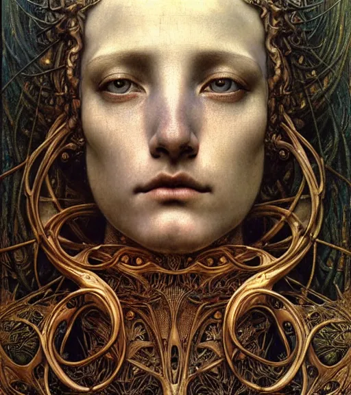Image similar to detailed realistic beautiful young medieval robot face portrait by jean delville, gustave dore and marco mazzoni, art nouveau, symbolist, visionary, gothic, pre - raphaelite. horizontal symmetry by zdzisław beksinski, iris van herpen, raymond swanland and alphonse mucha. highly detailed, hyper - real, beautiful