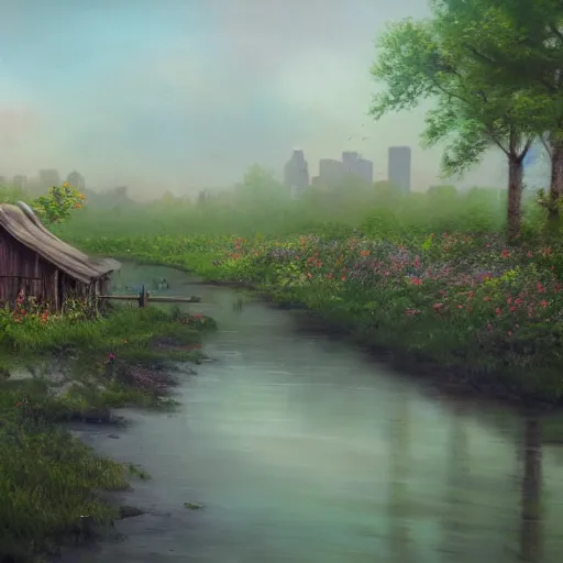 Prompt: a matte painting of a midwestern countryside, shack close up, river, overgrown, patchy flowers, oil painting, pale colors, high detail, 8 k, wide angle, trending on artstation,