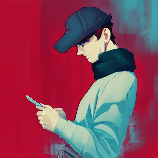 Image similar to J.D. Salinger as Holden Caulfield wearing that red hat, ambient lighting, 4k, anime key visual, lois van baarle, ilya kuvshinov, rossdraws, artstation