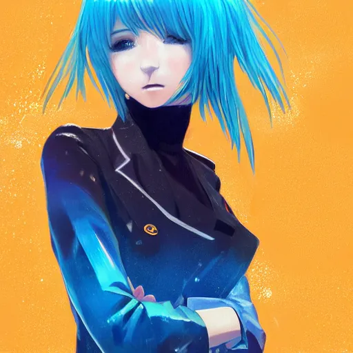 Image similar to water dripping on rimuru tempest, heavenly ripples, sky blue straight hair, bangs, with amber eyes, black jacket, high collar, ultra detailed, euphoric, masterpiece, digital painting, psychedelic, cinematic, wlop, pixiv, swirly, ilya kuvshinov, ross tran, color block