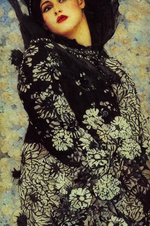 Image similar to close - up fashion black skin woman portrait airy flowers cloudy sky art by vasnetsov