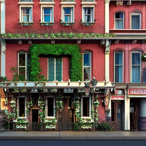 Image similar to charming mainstreet disneyland type building with ivy growing up it, octane render, hyperdetailed, photorealistic, natural light