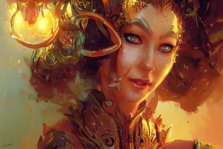 Image similar to A bright, happy painting of an elven queen by Craig Mullins, beautiful, hyperrealistic, realistic face, high-quality, professional, dramatic lighting, extremely high detail, trending on artstation