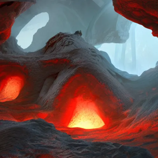 Prompt: dragon's lair inside of an active volcano. video game concept art, 3d render