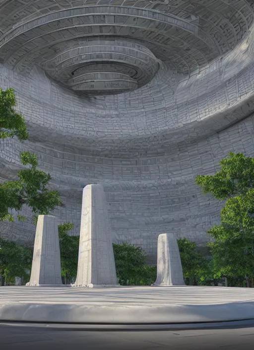Prompt: highly detailed realistic architecture 3 d render of a futurisctic stele made from coin stacks standing in a city park, archdaily, made in unreal engine 4 octane render