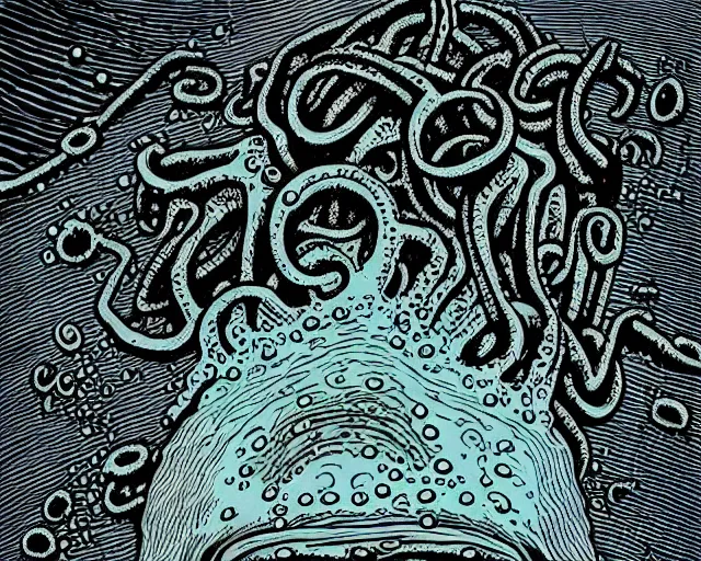 Image similar to h. p. lovecraft swimming in the ocean depths, cosmic horror painting, elegant intricate digital painting artstation concept art by basil wolverton by robert crumb by william eggleston detailed