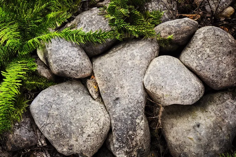 Prompt: Rocks in the middle of an evergreen forest with a ray of sunshine, photograph, professional photography