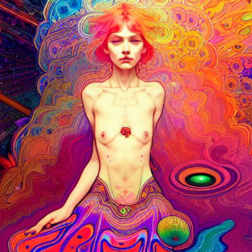 Image similar to A girl having an extremely colorful psychedelic experience, warping time and space, magic mushrooms, psilocybin, LSD, face, detailed, intricate, elegant, highly detailed, digital painting, artstation, concept art, smooth, sharp focus, illustration, art by Krenz Cushart and Artem Demura and alphonse mucha