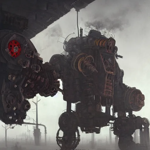 Image similar to gigantic industrial farmer mecha, dense fog, steampunk, jakub rozalski