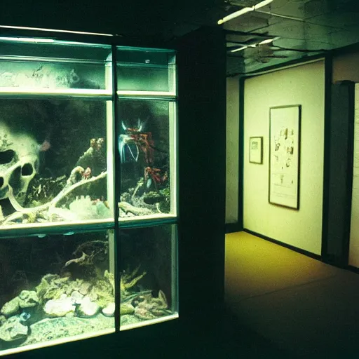Prompt: spooky creepy liminal space, display case, aquatic exhibition science museum, dried aquarium, computer screens, backroom stairs going down under water, photo taken on 1 9 8 0 s fujifilm superia
