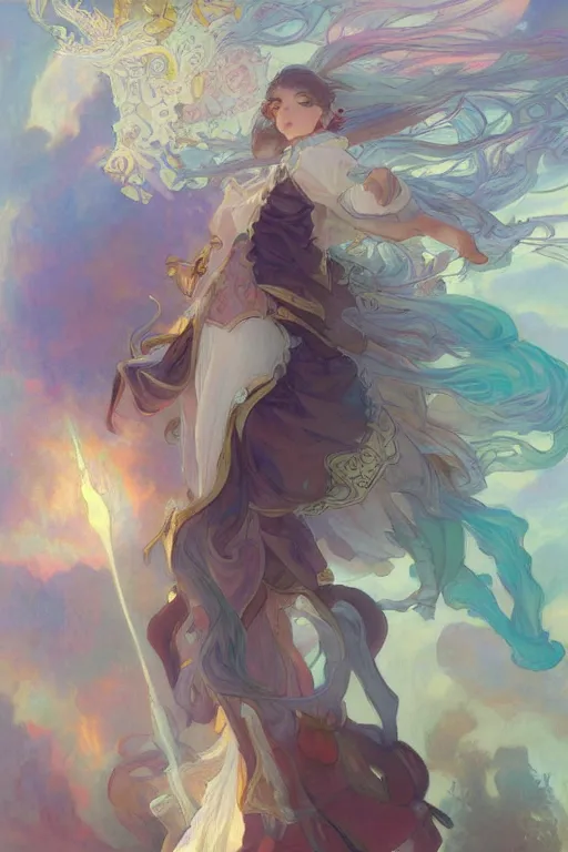 Image similar to merc storia, shimmering and prismatic, rococo, by krenz cushart and mucha and monet, trending on artstation.