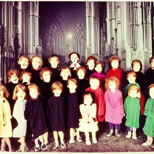 Image similar to ! dream vintage 1 9 8 0's dutch children's show, a happy photogenic group of children in black cult robes standing around a large giant evil demonic horrifying angry detailed monstrous demon creature inside a candlelit gothic cathedral