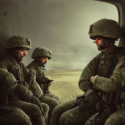Image similar to soldiers with an emotionless look on their faces sitting inside a plane on their way to the battlefield, digital painting, highly detailed, illustration, intricate, in the style of grek rutkowski
