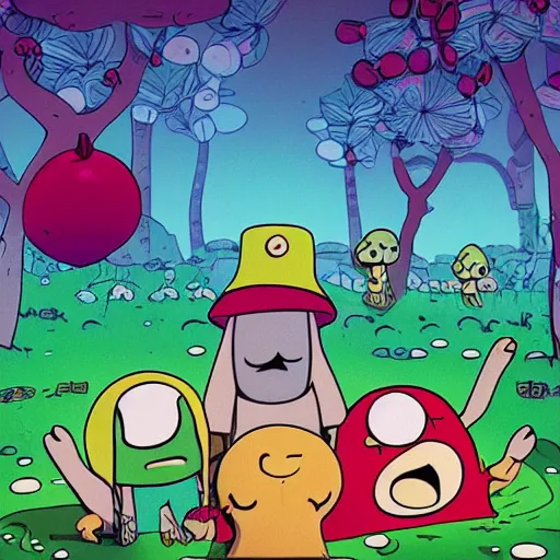 Prompt: little mushroom people with limbs and smiley faces dancing around a pomegranate in the middle of the woods. cartoon. adventure time. midnight gospel. created by duncan trussell.