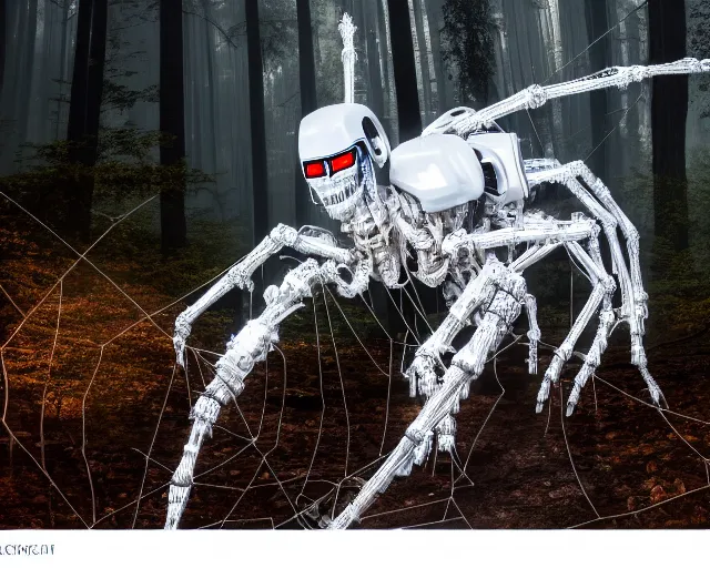 Image similar to photo of a giant huge white crystal terminator spider with heavy duty biomechanical hydraulic cybernetic body with antennas and visor cogs and gears and components in the forest. cyberpunk horror style. highly detailed 8 k. intricate. nikon d 8 5 0 5 5 mm. award winning photography.