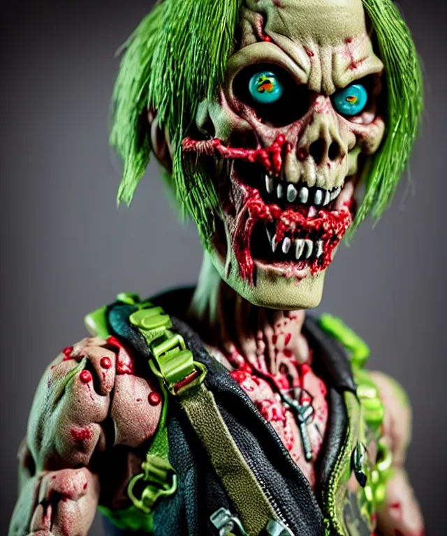 Image similar to hyperrealistic rendering, punk rock zombie is motu action figure, product photography